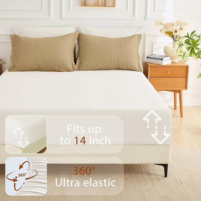 MUXHOMO 7 Pieces Queen Comforter Set, Soft Bed in a Bag Queen Size, All Season Bedding Set with Comforter, Flat Sheet, Fitted Sheet, Pillowcases & Shams, Ivory & Khaki