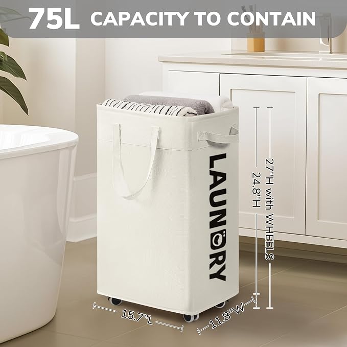Goodpick Laundry Baskets with Wheels and Handle, 2-Pack 75L Collapsible Laundry Baskets, Clothes Laundry Basket with Removable Wash Bags for Corner Dorm, White Rolling Laundry Hamper - Image 4