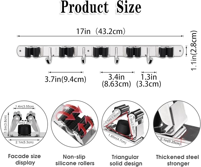 2 Pack Mop and Broom Holder Wall Mount, 5 Racks and 4 Hooks Broom Organizer Storage Tool Racks Stainless Steel Heavy Duty Hooks Self Adhesive Solid Non-slip for Home Kitchen Garden Laundry Garage - Image 3