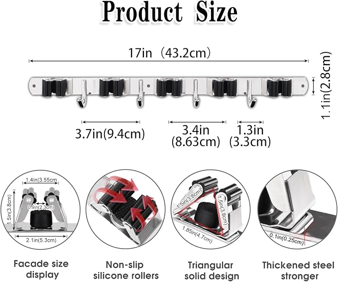 AceMining 5 Racks and 4 Hooks Mop and Broom Holder Wall Mount, Broom Organizer Storage Tool Racks Stainless Steel Heavy Duty Hooks Self Adhesive Solid Non-slip for Home Kitchen Garden Laundry Garage - Image 3