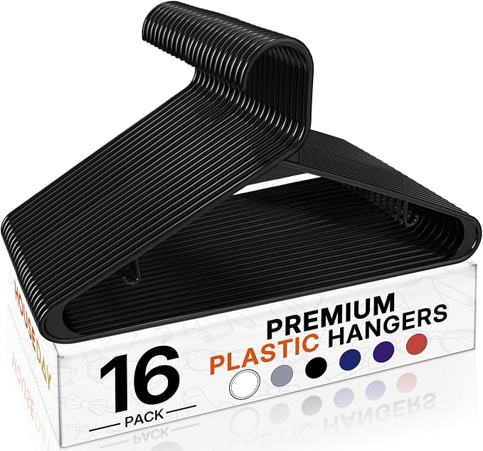 HOUSE DAY Black Plastic Hangers 16 Pack, Space Saving Coat Hanger, Clothes Hanger with Non Slip Hooks, Plastic Clothing Hangers for Closet, Ideal for Everyday Use on Shirts, Coats, Pants, Dress by HOUSEDAY