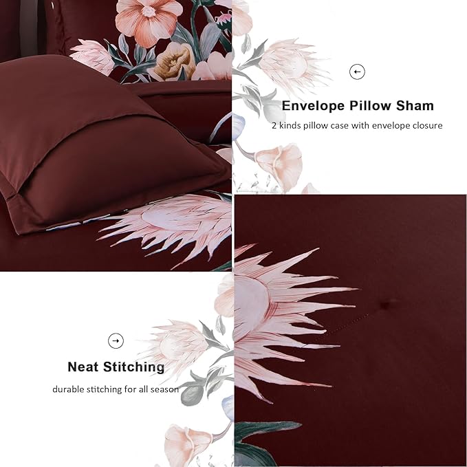 Luxudecor Burgundy Floral Comforter Set Queen Size 7 Piece, Flower Bed in a Bag, Elegant Floral Comforter with Sheet Set, Soft Microfiber Bedding Set for All Season (Burgundy, 90"x90")