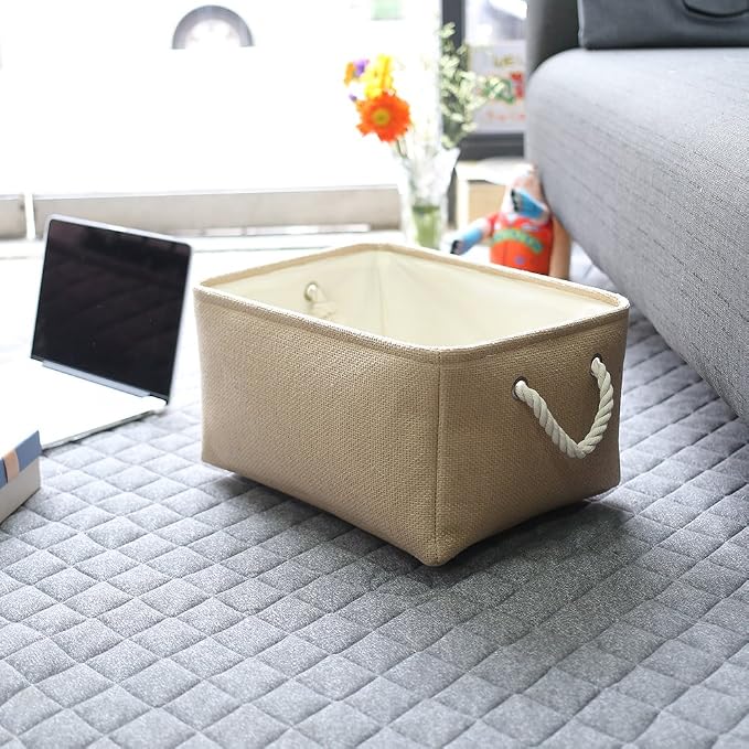 TheWarmHome Decorative Basket Rectangular Small Storage Basket Fabric Storage Bin Organizer Basket with Handles for Clothes Storage (Beige, 11.8L×7.9W×5.2H inch) - Image 5
