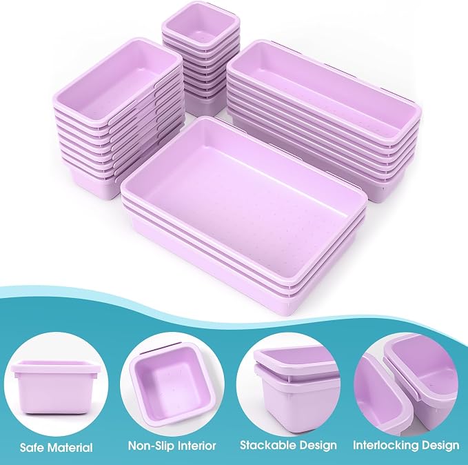 25 PCS Drawer Organizer Set, 4 Size Makeup Drawer Divider Organizer With Non-Slip Pads, Interlocking Plastic Storage Bins for Office,Jewelry Vanity,Gadgets, Bathroom,Kitchen, Purple - Image 3