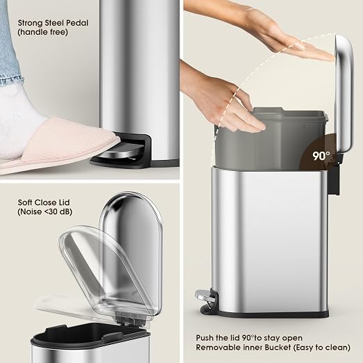 CEROELDA Small Bathroom Trash Can with Lid Soft Close, 5L/1.3 Gallon Stainless Steel Slim Garbage Can, Metal Waste Basket with Step Pedal, for Office, Bedroom, Toilet, Dorm Room (Silver, 1.3 Gallon) - Image 4