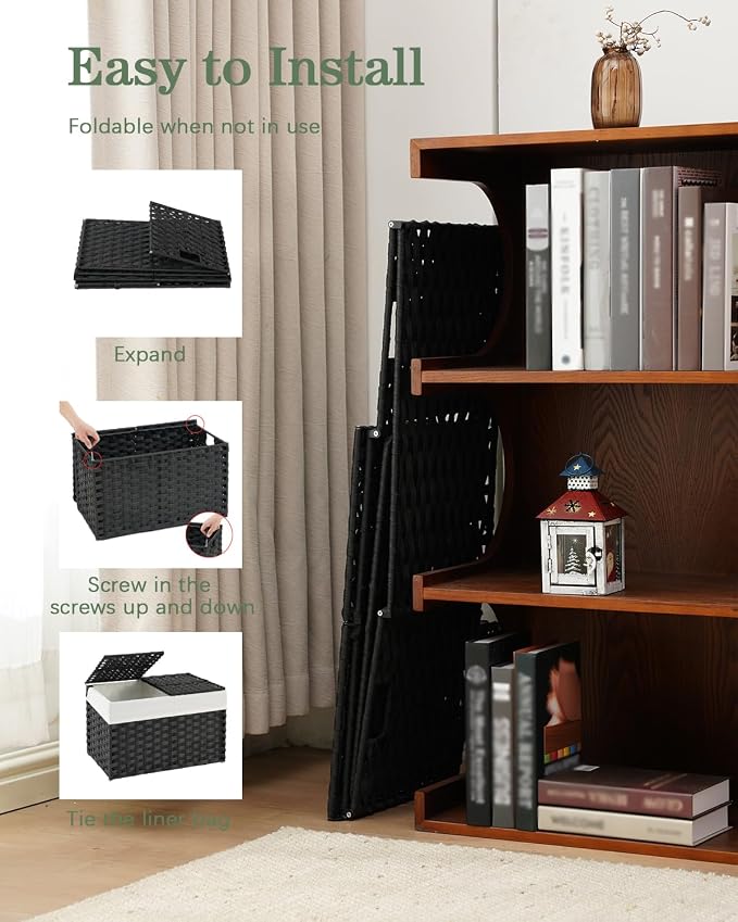 SETVSON Storage Basket with Lid Woven Wicker Baskets with 2 Separate Lid, 9.2 Gallon (35 L) Wicker Storage Bins with Handles, Foldable and 2 Removable Liner Bags for Bedroom, Laundry Room Black - Image 4