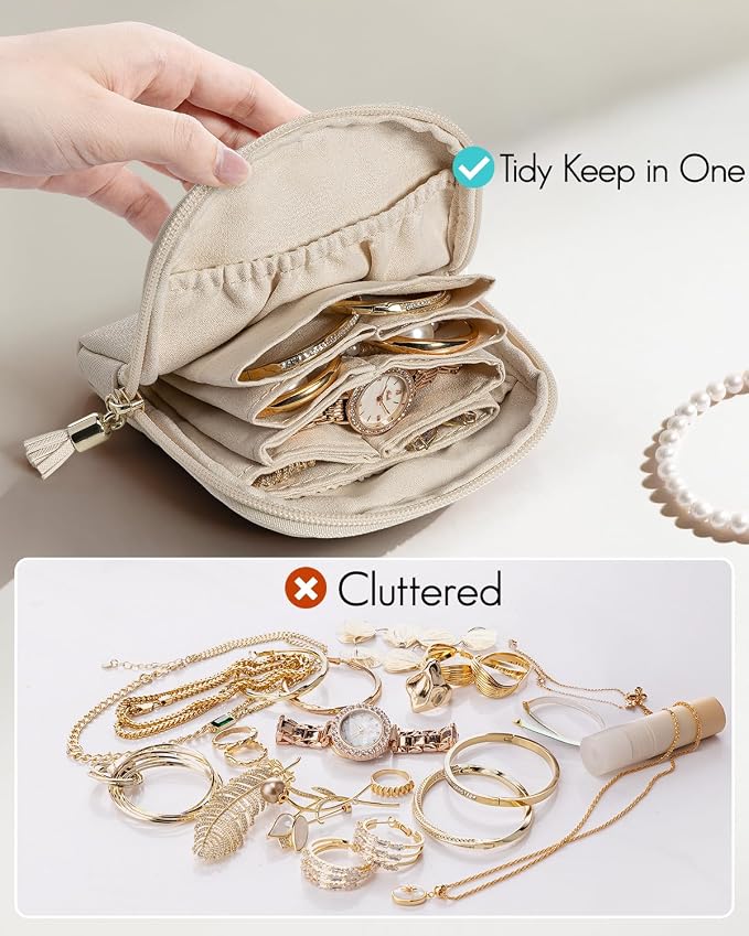 VLANDO Small Jewelry Travel Case,Jewelry Pouch Bags with Zipper,Velvet Jewelry Organizer Storage Bag for Bracelet Rings Earring Travel Essentials Gifts for Women Girl-Beige - Image 6
