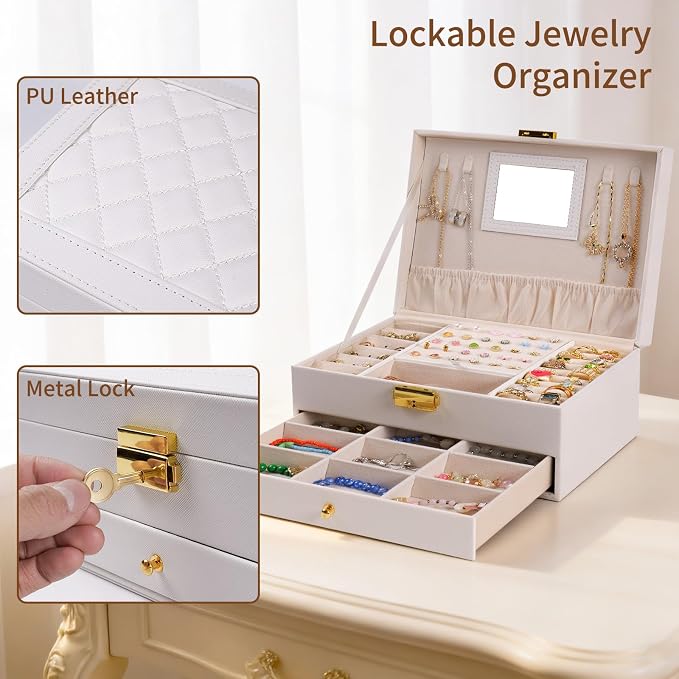 coobest Jewelry Box, 2 Layer Jewelry Organizer with Velvet Earring Organizer, Jewelry Holder Organizer Travel, White Jewelry Boxes for Women, Jewelry Boxes & Organizers for Girls - Image 6