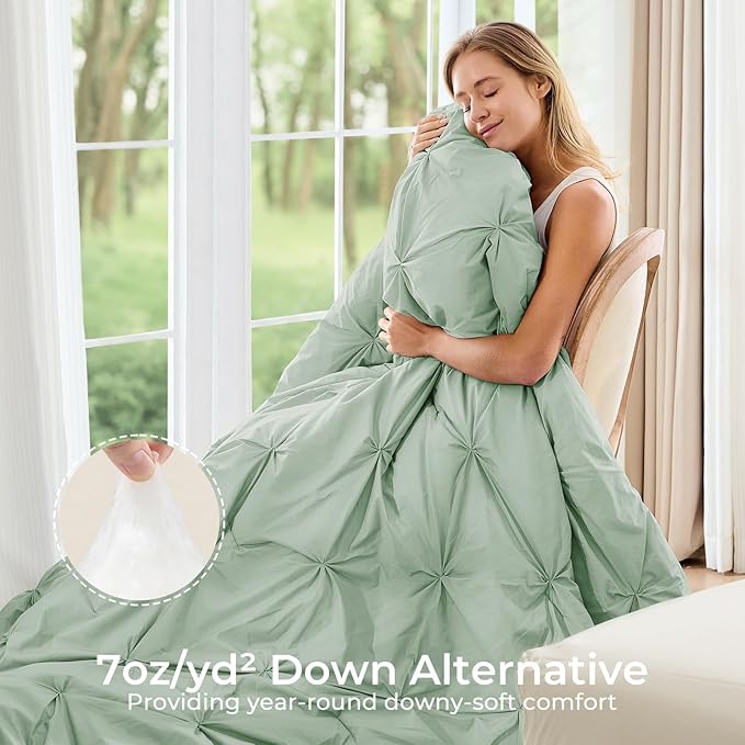 Sasttie Twin Comforter Set, 5-Piece Bed in a Bag, Pintuck Bedding Sets for All Season, Includes Comforter, Flat Sheet, Fitted Sheet, Pillowcase and Pillowsham, Light Sage Green
