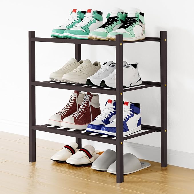 Smiry Shoe Rack, 3 Tier Small Bamboo Shoe Organizer, Stackable Free Standing Wooden Shoe Storage Shelf for Closet, Entryway, Front Door Entrance, Brown by Smiry