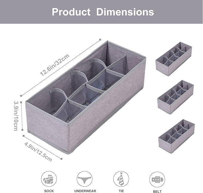 Qozary 3 Pack Sock Underwear Drawer Organizer Dividers, Collapsible Cabinet Closet Storage Boxes for Clothes, Socks, Lingerie, Underwear, Tie, Belt, Baby, Bedroom - Image 2