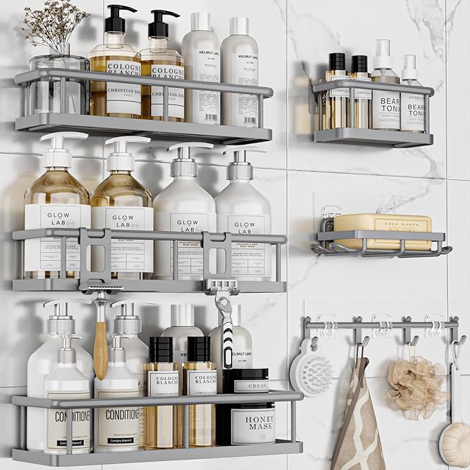 YASONIC Shower Caddy, 6 Pack Large Capacity shower Organizer with Soap Holder and 12 Hooks, Rustproof Shower Shelves for Inside Shower, No Drilling&Sleek Bathroom Organizers and Storage Grey - Image 8
