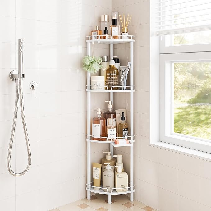 ELYKEN Corner Shower Caddy Standing, 4 Tier Rustproof Metal Shower Organizer with Soap Holder, Floor Shower Corner Shelf Rack Storage Stands with Adjustable Feet & 2 Hooks for Bathroom, White by ELYKEN