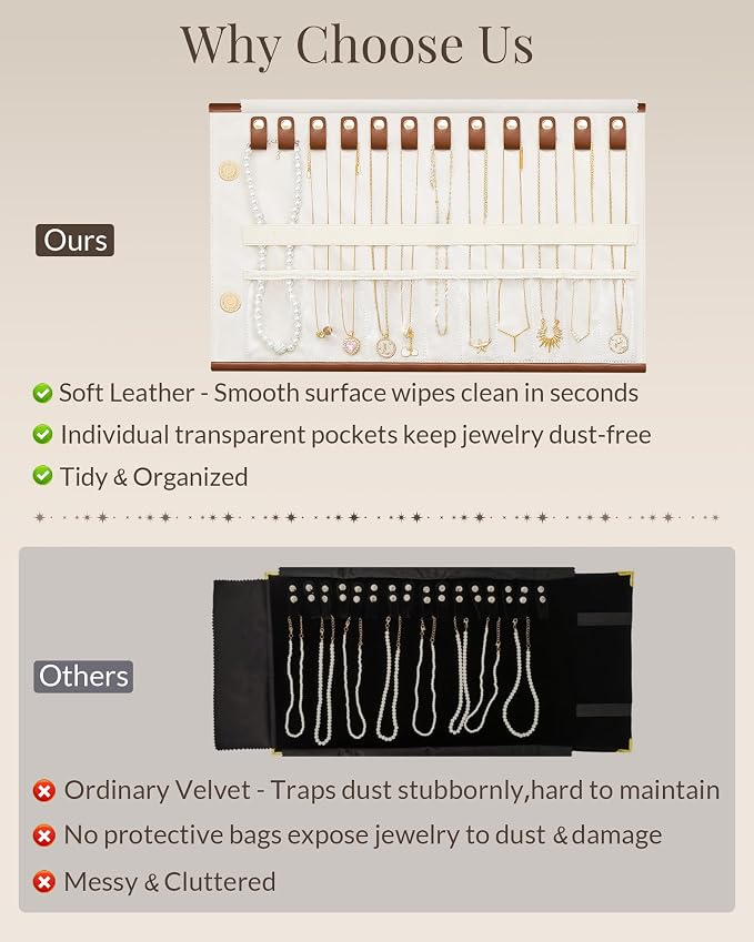 Lolalet Travel Necklace Organizer, Tangle-Free Necklace Case for Travel, Leather Foldable Roll Up Jewelry Storage Bag for Necklaces Chains Bracelets, Mothers Day Gift - Image 3