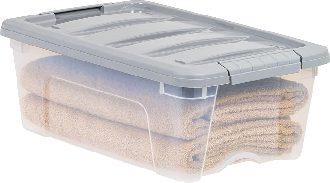 Amazon Basics Plastic Storage Containers with Secure Latching Lids, Stackable Organization Bins for Organizing, Clear/Grey, 12 Quart, Set of 6 - Image 5