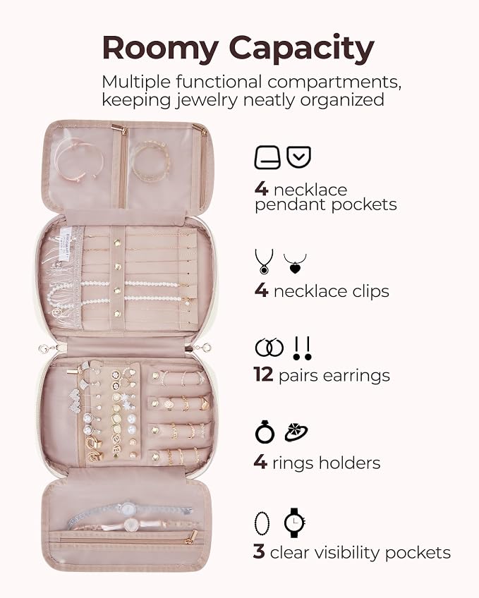 BAGSMART Travel Jewelry Case, Jewelry Organizer for Women Girls, Zipper Rings Holder Storage Pouch for Rolls Necklaces,Stud Earrings,Bracelets, Beige - Image 3