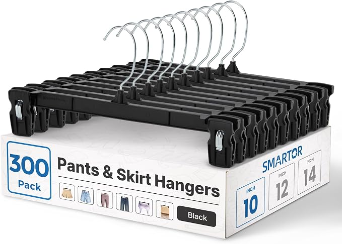 Smartor Space Saving Heavy Duty Hangers - 300 Pack, Slim Plastic Pants and Shorts Hangers, Ridged Non-Slip with Pinch Clips, 360-Rotating Chrome Swivel Hook, Black, 10 Inches by Smartor