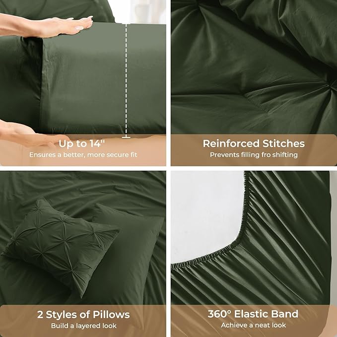 Sasttie King Size Comforter Set, 7-Piece Bed in a Bag, Pintuck Bedding Sets for All Season, Includes Comforter, Flat Sheet, Fitted Sheet, Pillowcases and Pillowshams, Dark Green