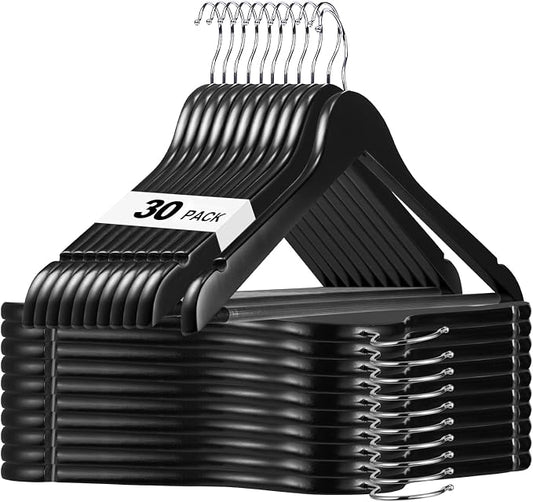 HOUSE DAY Black Wooden Hangers 30 Pack, Solid Wood Hanger with Non Slip Pant Bar, Heavy Duty Wooden Coat Hanger for Closet, Smooth Finish Wood Clothes Hangers for Shirts, Suits Jackets, Dress by HOUSEDAY