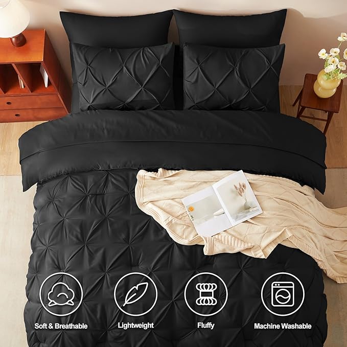 CozyLux Full Size Comforter Sets Black, 7 Pieces Pintuck Bed in A Bag Black Comforter Full Size, Pinch Pleat Bedding Sets with All Season Comforter, Sheets, Pillowcases & Shams