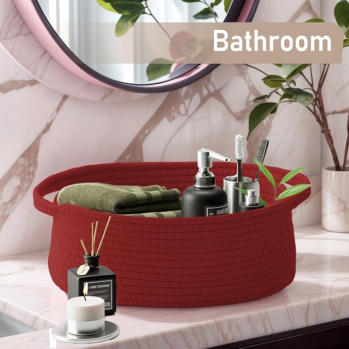 JMvicyroam Woven Basket,Small Rope Storage Bin with Handles & Ribbon Bag, Organizer for Shelves Closets,Gift Basket Empty for Birthday,Books,Dog Toys, Red/2 Pack - Image 8