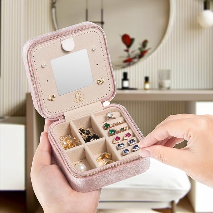 TRODANCE Plush Velvet Travel Jewelry Case Organizer, Small Travel Jewelry Box,Portable Jewelry Box Travel Mini Organizer Portable Display Storage Box For Rings Earrings Necklaces (Pink) - Image 2