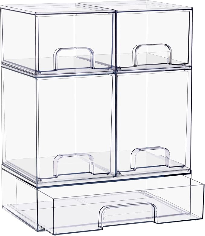 Sorbus Stackable Acrylic Storage Drawers – 2 Small + 2 Tall + 1 Wide – 5 Pack Clear Plastic Organizer Bins for Baby Bottles, Makeup, Bathroom & Vanity, Pull-Out Drawer Design for Kitchen Cabinets - Image 8