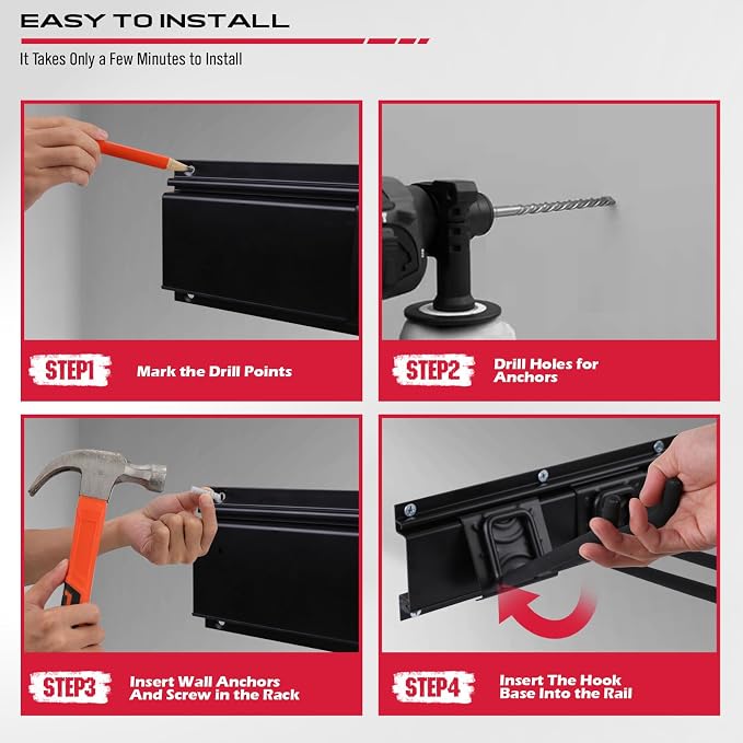 SEDY 64" Heavy Duty Garage Storage Tool Organizer Wall Mount - Tool Rack with Adjustable Hooks, Anti-Rust, 300lbs Capacity - Easy Installation (4 Racks, 10 Hooks, 3 Straps) - Image 7
