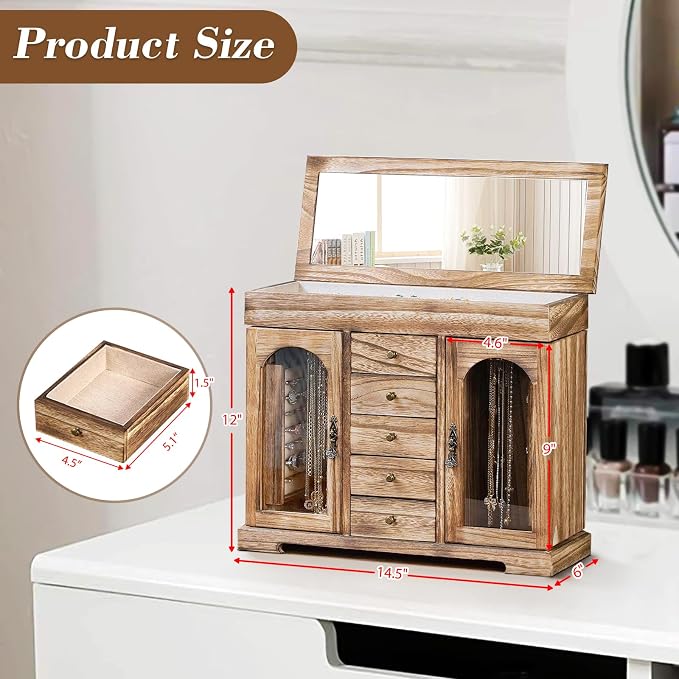 Miratino Jewelry Box for Women Girls, Rustic Wooden Jewelry Organizer Box with Mirror, 5 Layer Jewelry Storage Case Display for Necklaces Earrings Rings Bracelets Valentine's Day Gifts - Image 6