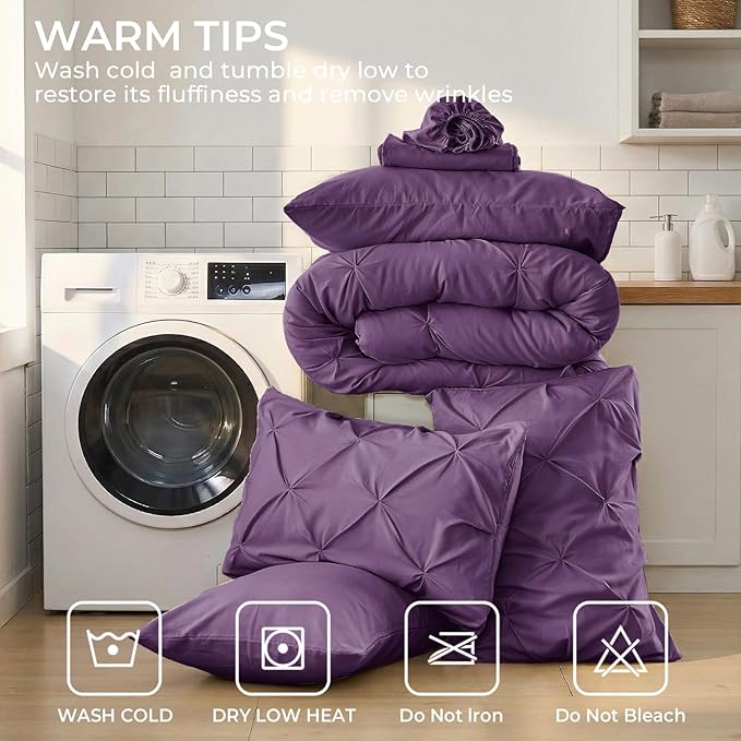 Sasttie Full Size Comforter Set, 7-Piece Bed in a Bag Double, Pintuck Bedding Set for All Season, Includes Comforter, Flat Sheet, Fitted Sheet, Pillowcases and Pillowshams, Grape Purple