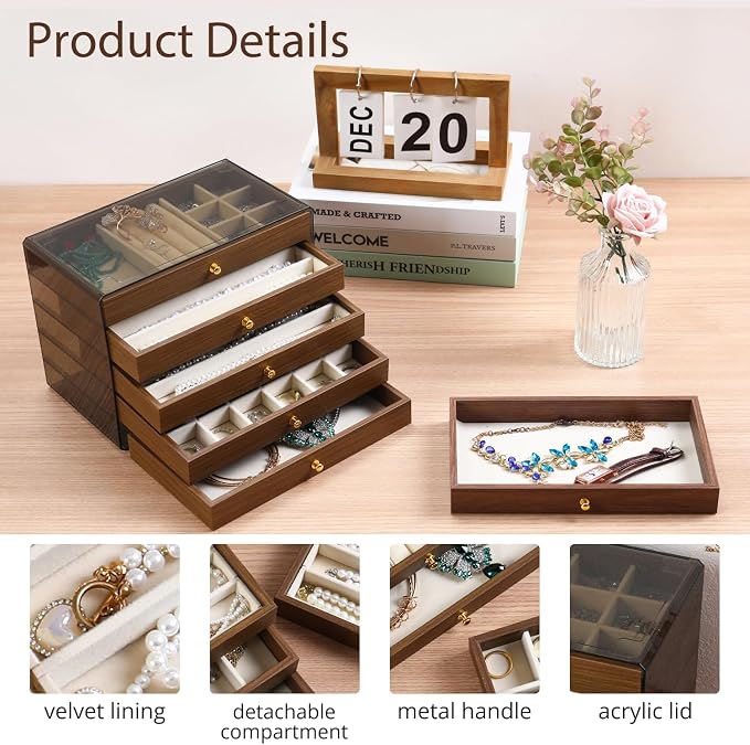 CLUQMEIK 5 Layer Large Wooden Jewelry Box with Acrylic Lid and Wooden Drawers, Stackable Jewelry Organizers and Storage Box for Women and Girls to Storing Rings Earrings Necklaces Bracelets - Image 5