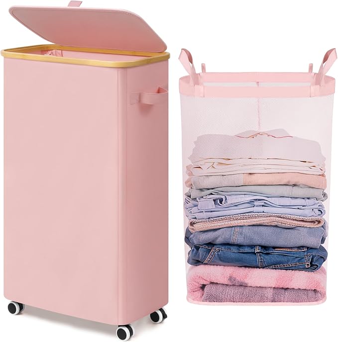 Goodpick Slim Laundry Basket with Wheels and Lid, 75L Tall Laundry Hamper with Bamboo Frame Removable Bag, Collapsible Clothes Hamper for Dorm Home Decor, Pink, 17" x 9.8" x 29.5" by Goodpick