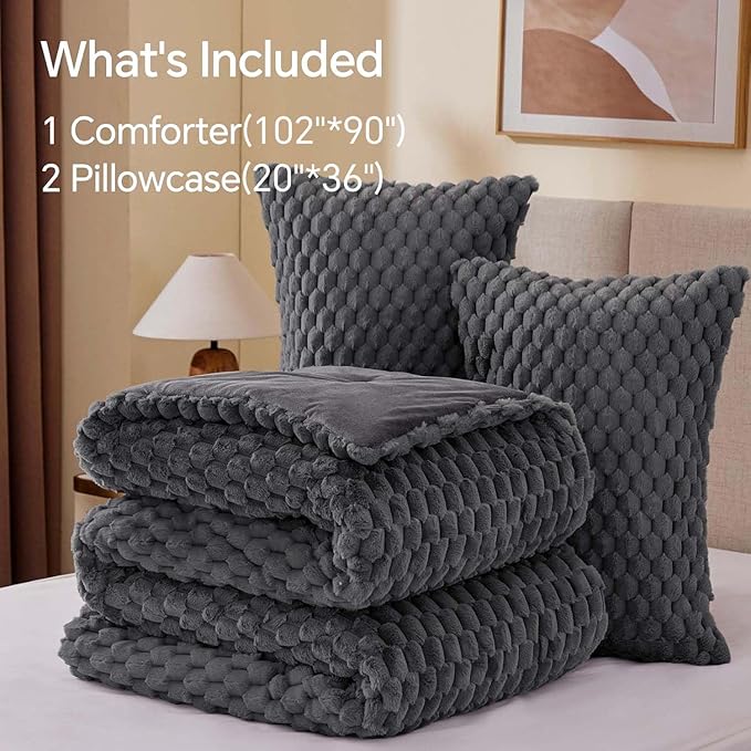BEDELITE Fluffy King Size Comforter Set - Grey Fleece Soft Comforter for King Size Bed, Luxury Warm Bedding Set for Winter, Fuzzy Bed Set 3 Pieces (1 Comforter, 2 Pillowcases)