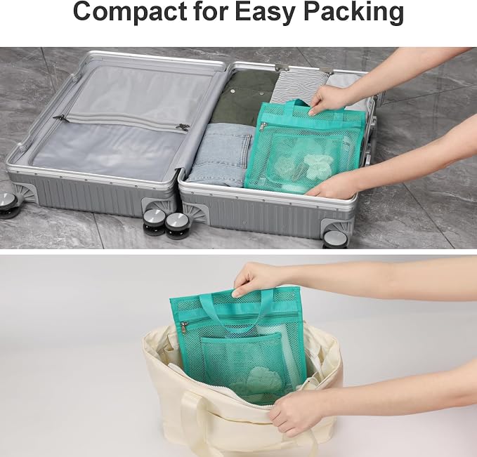 F-color Mesh Shower Caddy Portable Hanging - 3 Pockets Small Shower Bag Tote for Camping, Gym, Travel, Toiletry, Quick Dry Bathroom Essentials with S Hook, Mint Green - Image 6