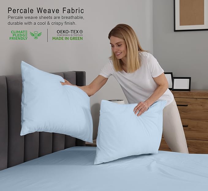 RUVANTI 100% Cotton Sheets – King Size Percale Bedding, Cooling & Breathable, Durable with a Crisp, Soft & Comfortable Feel, 16" Deep Pocket, 4-Piece Set, Baby Blue