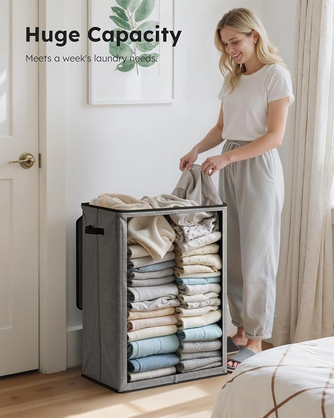 SOLEDI Laundry Hamper with Lid 130L Large & Tall Collapsible Laundry Basket, Clothes Hamper with Bag Removable Easy to Carry, Dirty Hampers for Bedroom, Bathroom, Dorm, College, Grey - Image 3