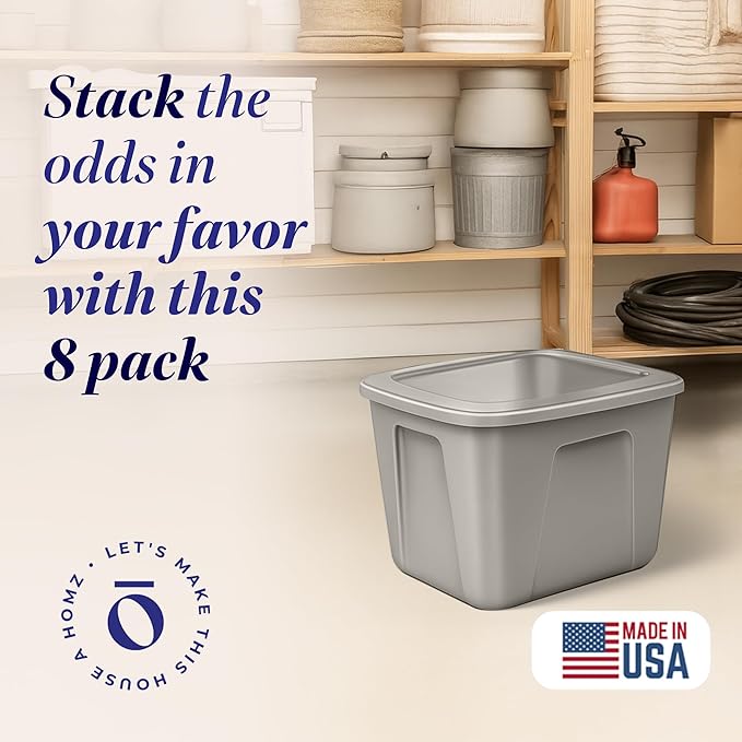HOMZ 8-Pack Durable Molded Bin, Plastic Storage Containers with Lids, 10 Gallon, Silver - Stackable Organizer Totes and Boxes for Bedroom, Kitchen, and Garage Organization