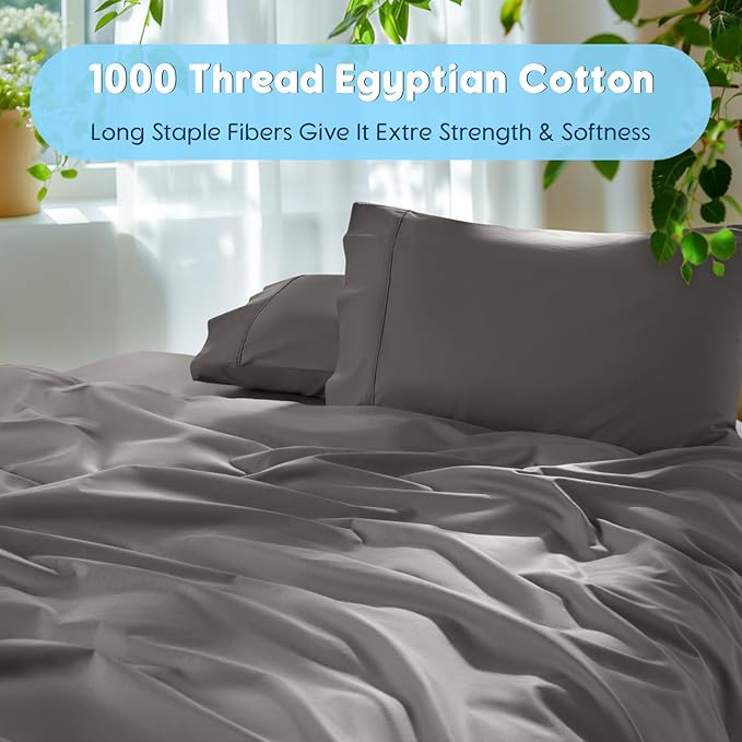 SONORO KATE 100% Egyptian Cotton Sheets Set - 1000 High Thread Count, Luxury 5-Star Hotel Sateen Bed Sheets, Soft, Breathable Long Staple Sheets, Fit up to 16" - 4 PC (Dark Grey,Full)