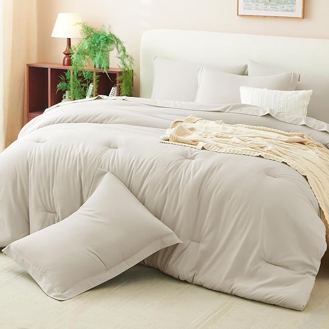 CozyLux Queen Comforter Set Beige, 7 Pieces Bed in a Bag Queen Comforter Set with Sheets, Luxury Soft Bedding Sets with Down Alternative Comforter, Fitted Sheet, Flat Sheet, Pillowcases & Shams