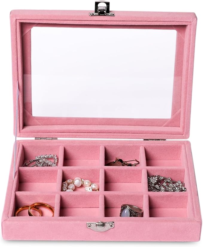 Frebeauty Jewelry Organizer Tray with Clear Lid,12 Grid Velvet Drawer Insert Jewelry Storage Box with Transparent lid Jewelry Display Case Store Showcase Jewelry Box Gift for Women(Pink,12 Grid) - Image 2