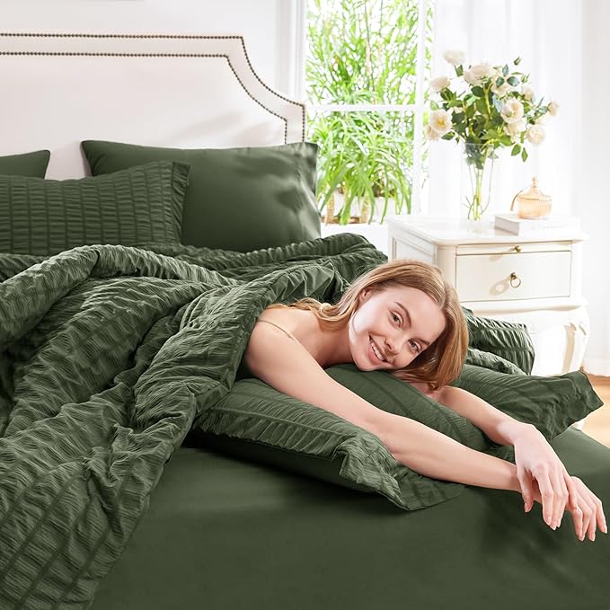 CozyLux Twin Comforter Set with Sheets 5 Pieces, Olive Green Seersucker Textured Bed in a Bag, Luxury Soft Bedding Sets with Down Alternative Comforter, Sheets, Pillowcase & Sham for All Seasons