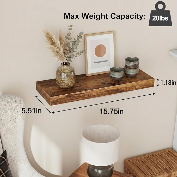 Fixwal Wood Floating Shelves, Wall Shelves Set of 4, Shelves for Wall Decor, with Invisible Brackets for Bathroom, Living Room,Bedroom and Kitchen(Rustic Brown) - Image 3