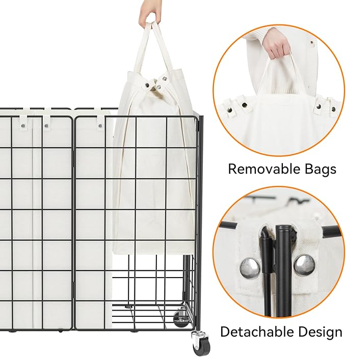 WOWLIVE Laundry Hamper with Wheels,Metal Wire Frame Rolling Laundry Basket 3 Section with Removable bags,150L Dirty Clothes Hamper Organizer Dorm Room Storage for Bedroom,Bathroom,Black and White - Image 6