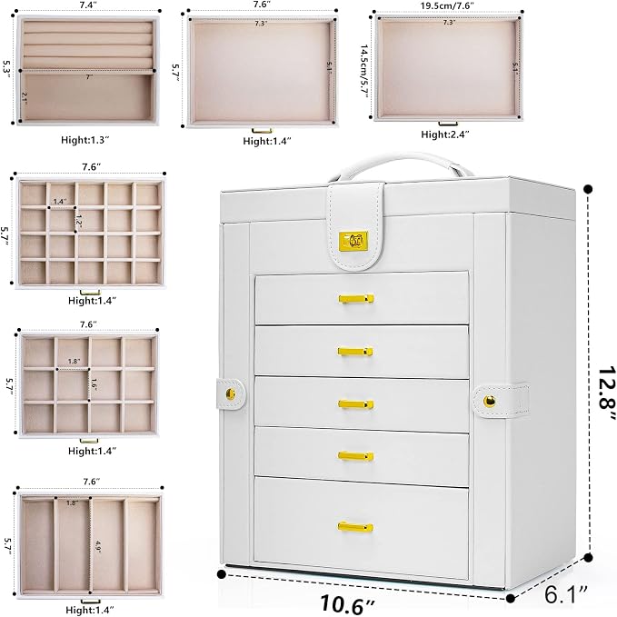 AKOZLIN Large Jewelry Box Organizer Functional with Big Mirror, Leather Jewelry Storage Case for Women Girls Ring Necklace Earring Bracelet Holder Organizer White - Image 6