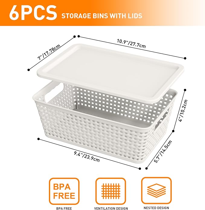 Plastic Storage Baskets With Lid, Storage Bins for Organizing, Stackable Decorative Containers for Shelves Drawers Desktop Closet Playroom Classroom Office, 6 Pack- White - Image 2