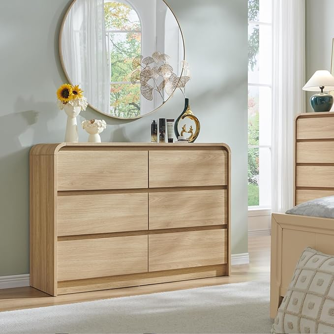 Aitjunz Modern 6 Drawers Dresser for Bedroom, 47" Wide Wood Dressers & Chests of Drawers w/Curved Profile Design, Mid Century Modern Dresser w/Natural Texture for Bedroom, Living Room, Natural Oak