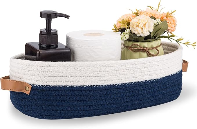 Toilet Basket,Woven Storage Basket for Toilet Tank Top Farmhouse Home Decor Organizing Baskets 13"x5.9"x4" Navy Stitching White by Oradrem