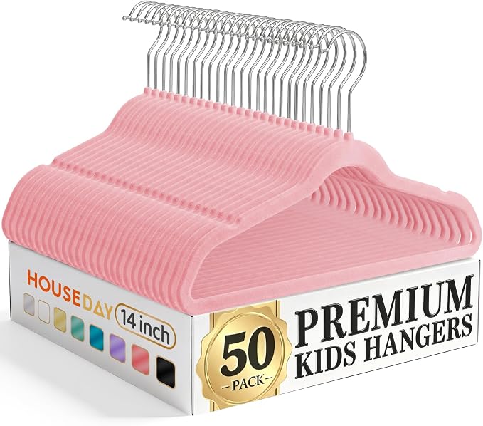HOUSE DAY 14 Inch Kids Velvet Hangers 50 Pack, Durable Big Kids Hangers, Non Slip Kid Felt Hanger for Youth, Cute Childrens Hanger for Closet, Pink by HOUSEDAY
