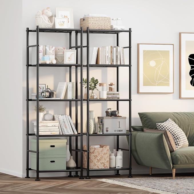 Sakugi Storage Shelves - Set of 2, 5-Tier Metal Shelf Organizer, Space-Saving Garage Shelving with Leveling Feet, Standing Shelves Organizer for Kitchen, Laundry, Pantry (18.4" x 12.6" x 57.4", Black) - Image 8