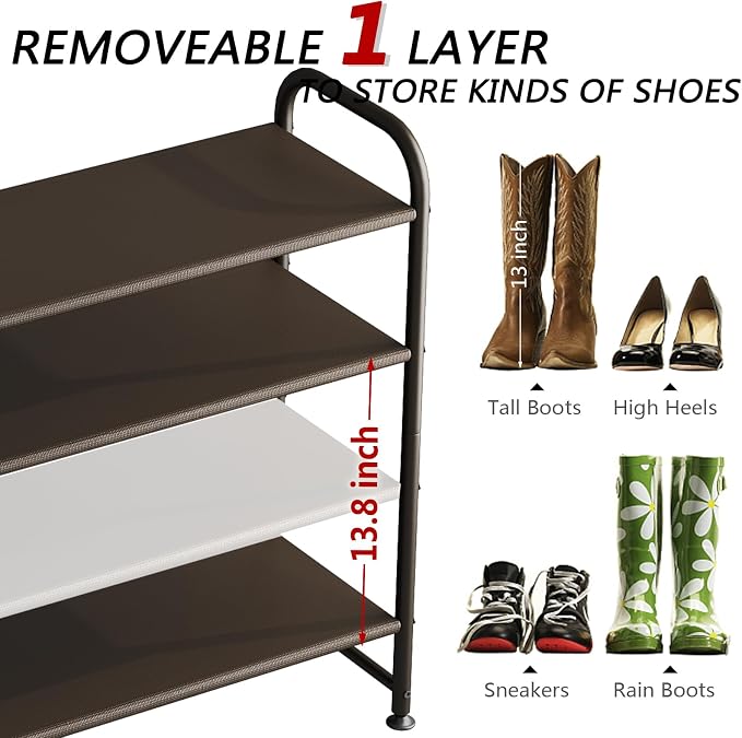 INGIORDAR Shoe Rack 4 Tier Long Storage Organizer Wide Metal Shoe Shelf for Closet Entryway Brown - Image 5
